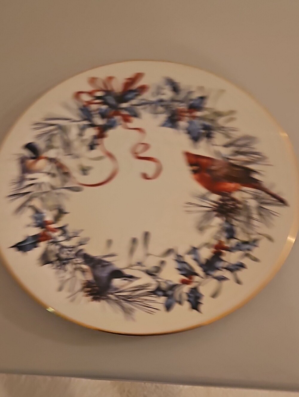 Lenox Holiday Plate with Blue Wreath and Red Cardinal